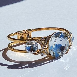 Elegant Gold Tone Statement Large Rhinestone Hinged Wrap Cuff Bracelet